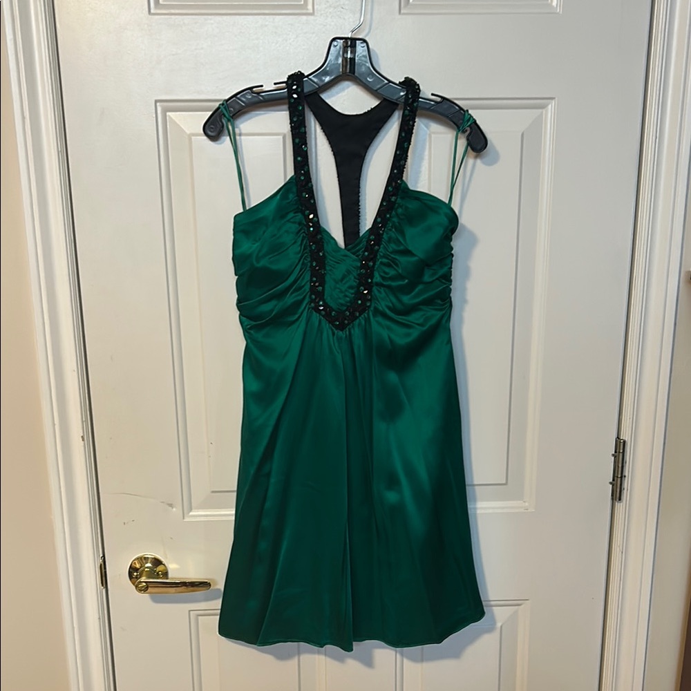 Emerald Green Satin Dress with Black Accents